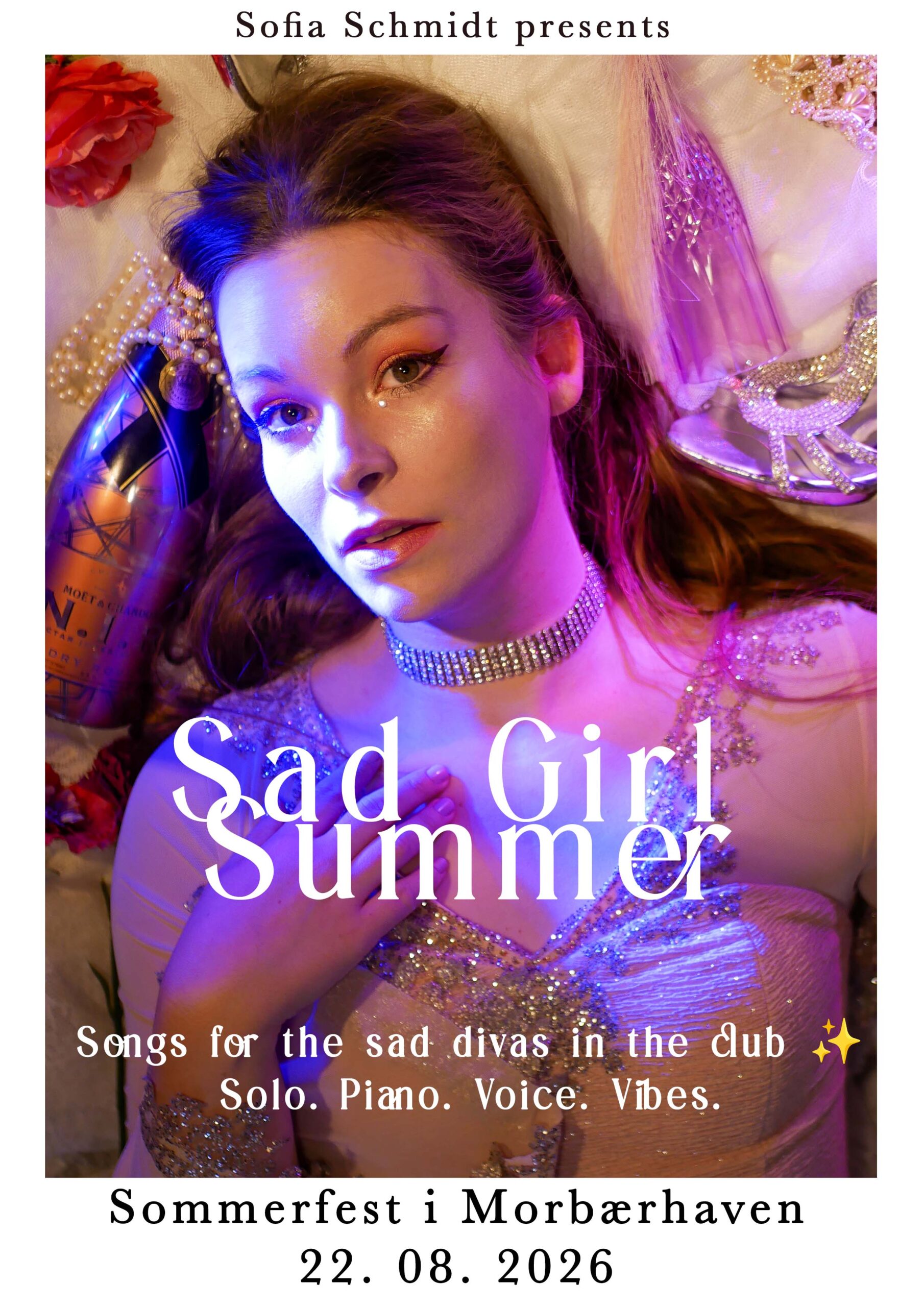 Singer Sofia Schmidt in glittery dress in pink and blue light